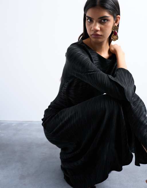 Topshop slash neck midi dress in black premium cupro jacquard, 3 of 4