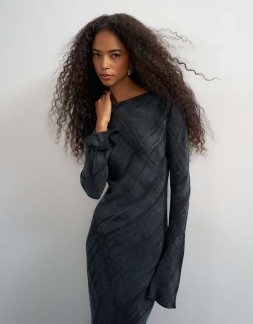 Topshop slash neck midi dress in black premium cupro jacquard, 2 of 4