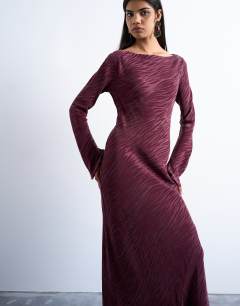 Slash neck midi dress in burgundy premium cupro jacquard