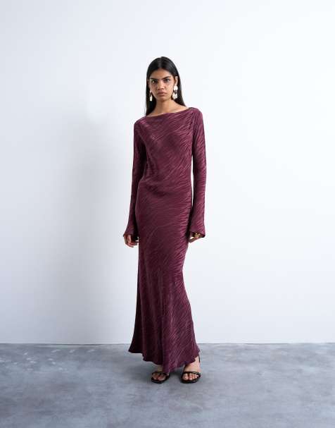 Topshop slash neck midi dress in burgundy premium cupro jacquard