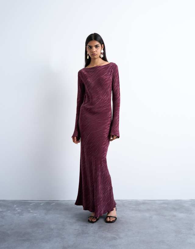 topshop burgundy dress Topshop Slash Neck Midi Dress in burgundy premium cupro jacquard-Red