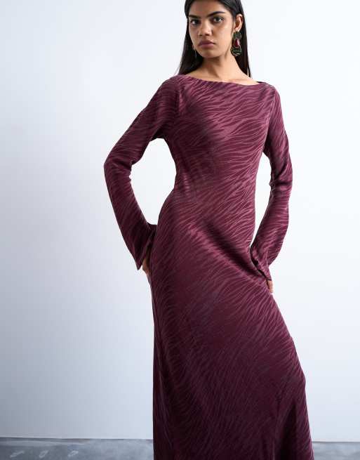 Topshop slash neck midi dress in burgundy premium cupro jacquard
