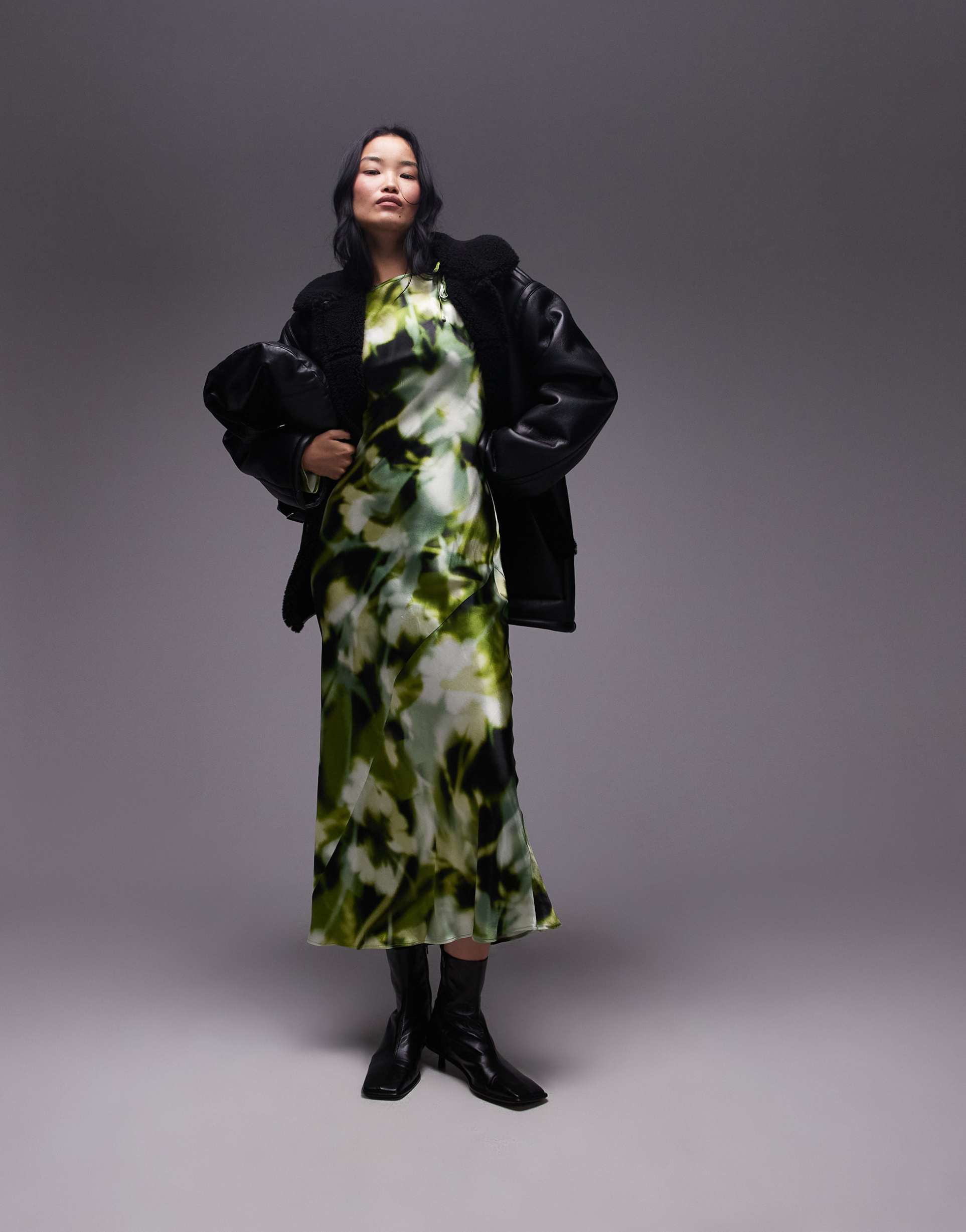 topshop slash neck midi dress with arm cut out in green floral