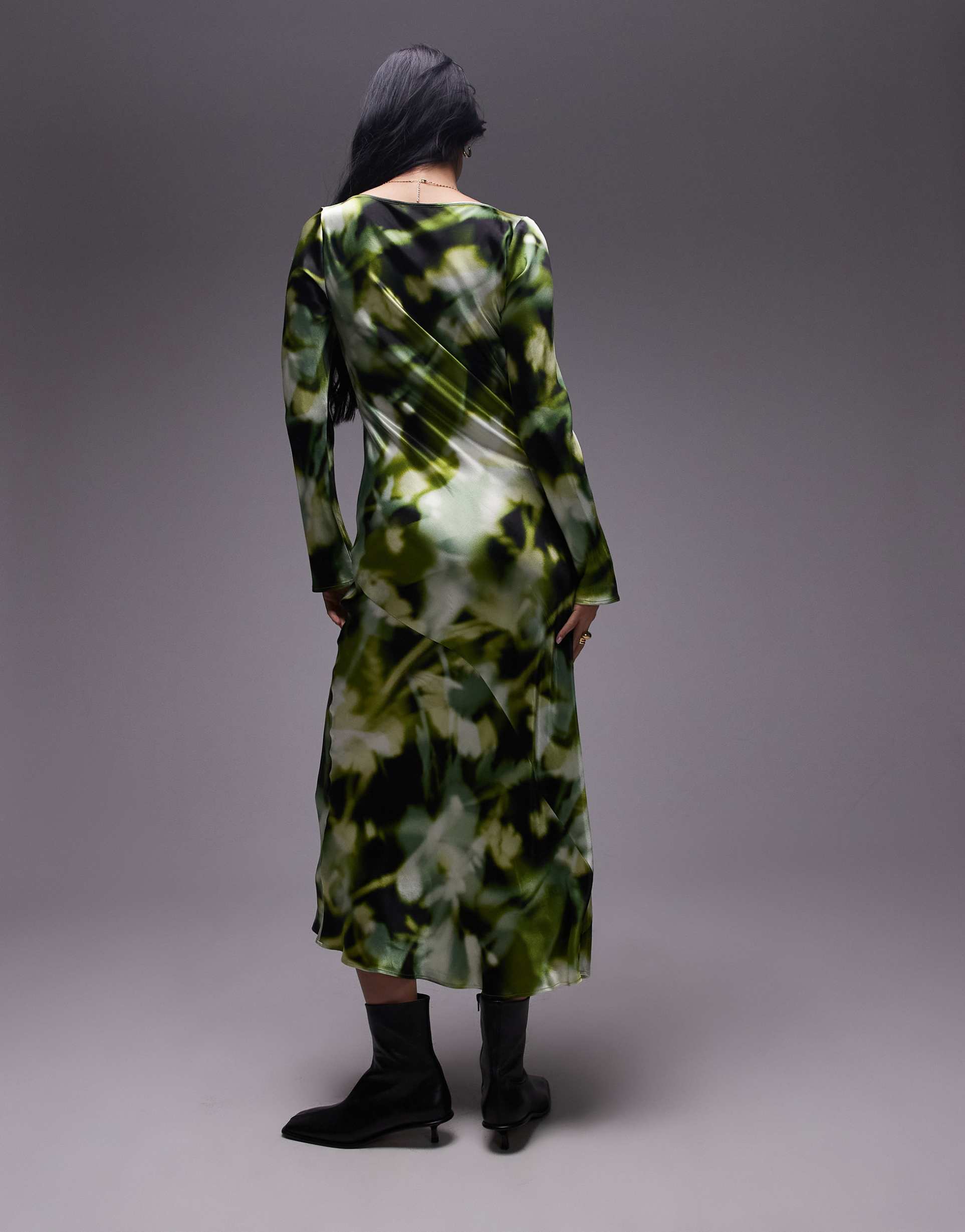 topshop slash neck midi dress with arm cut out in green floral