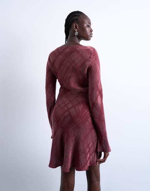 Topshop slash neck mini dress in burgundy premium cupro jacquard