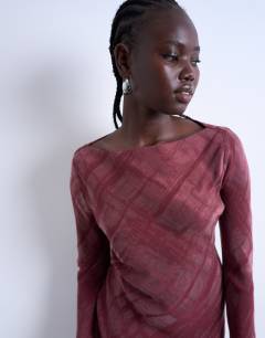 Model wearing Slash neck mini dress in burgundy premium cupro jacquard
