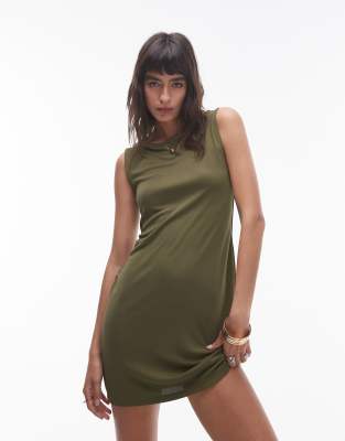 Topshop slash neck mini dress in khaki-Green