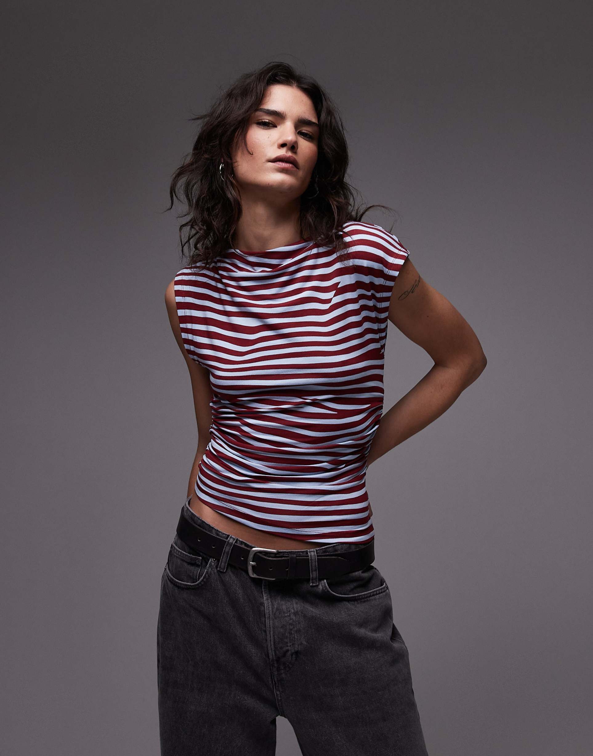 topshop slash neck one shoulder top in blue and burgundy stripe