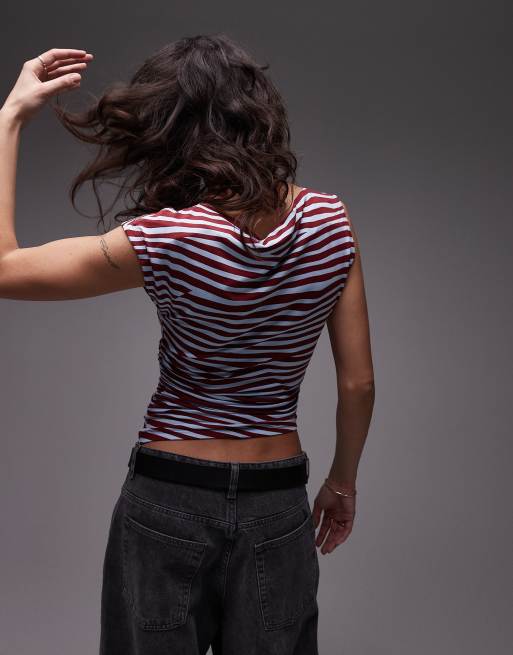 Topshop slash neck one shoulder top in blue and burgundy stripe ASOS