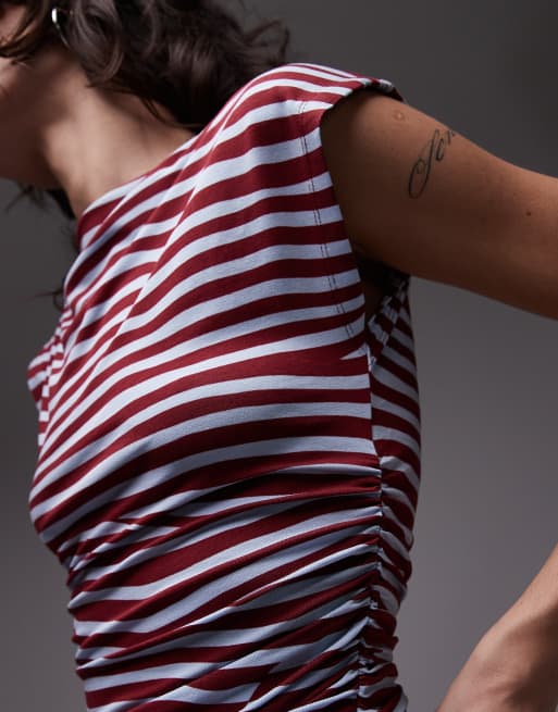 Topshop slash neck one shoulder top in blue and burgundy stripe, 3 of 4
