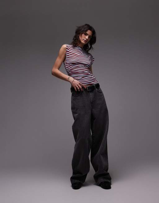 Topshop slash neck one shoulder top in blue and burgundy stripe, 4 of 4