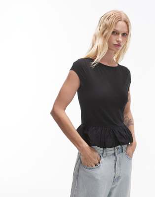 slash neck peplum bubble top in black