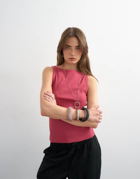 Topshop slash neck racer singlet in berry - view 1