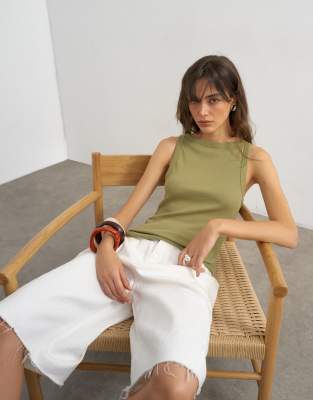 Topshop Slash Neck Racer Tank Top In Green