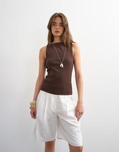 Model wearing Slash neck racer vest in dark chocolate