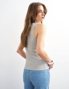 Model wearing Slash neck racer vest in grey marl