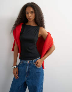 Model wearing Slash neck racer vest in washed black