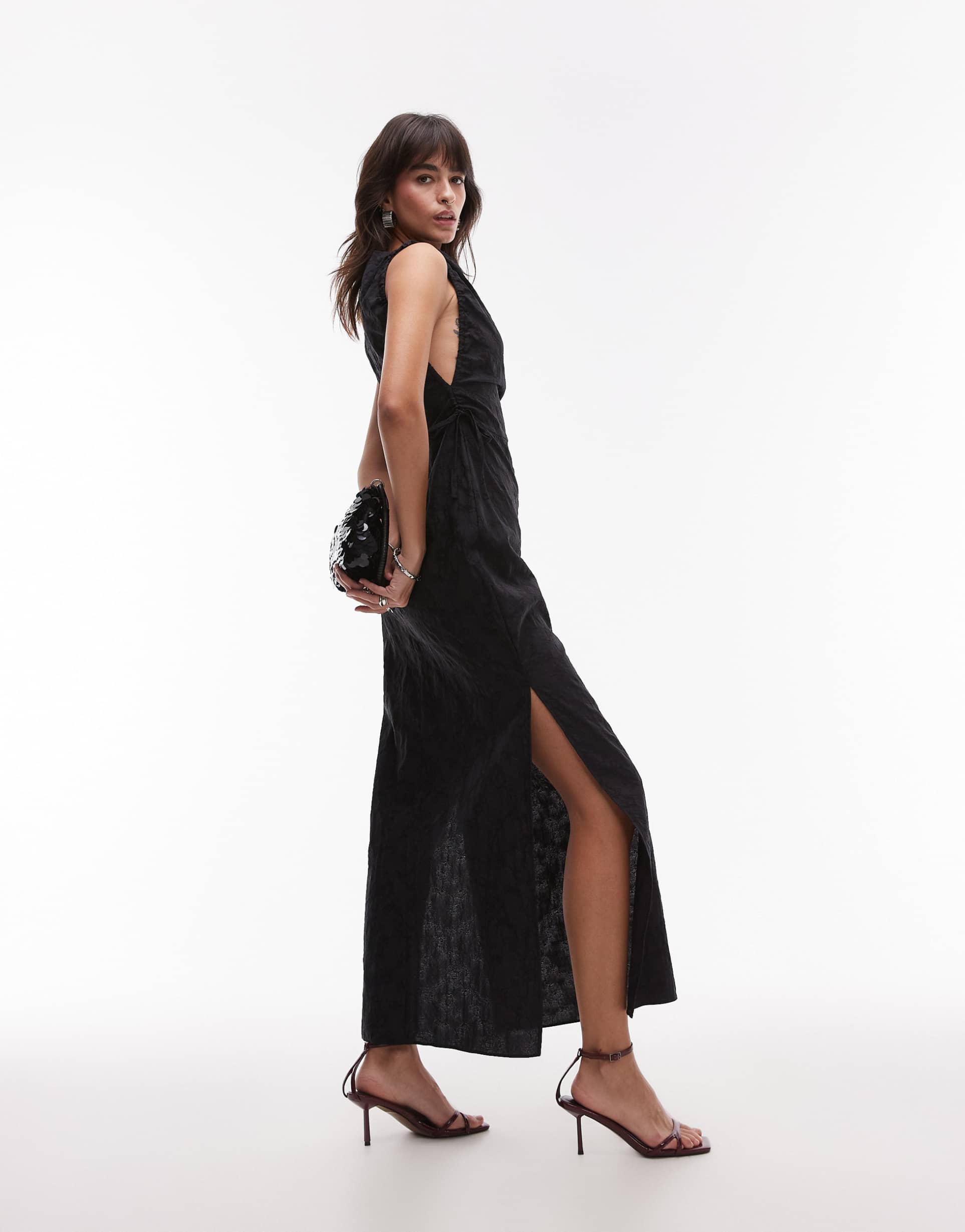 topshop slash neck ruched side maxi dress in black jacquard