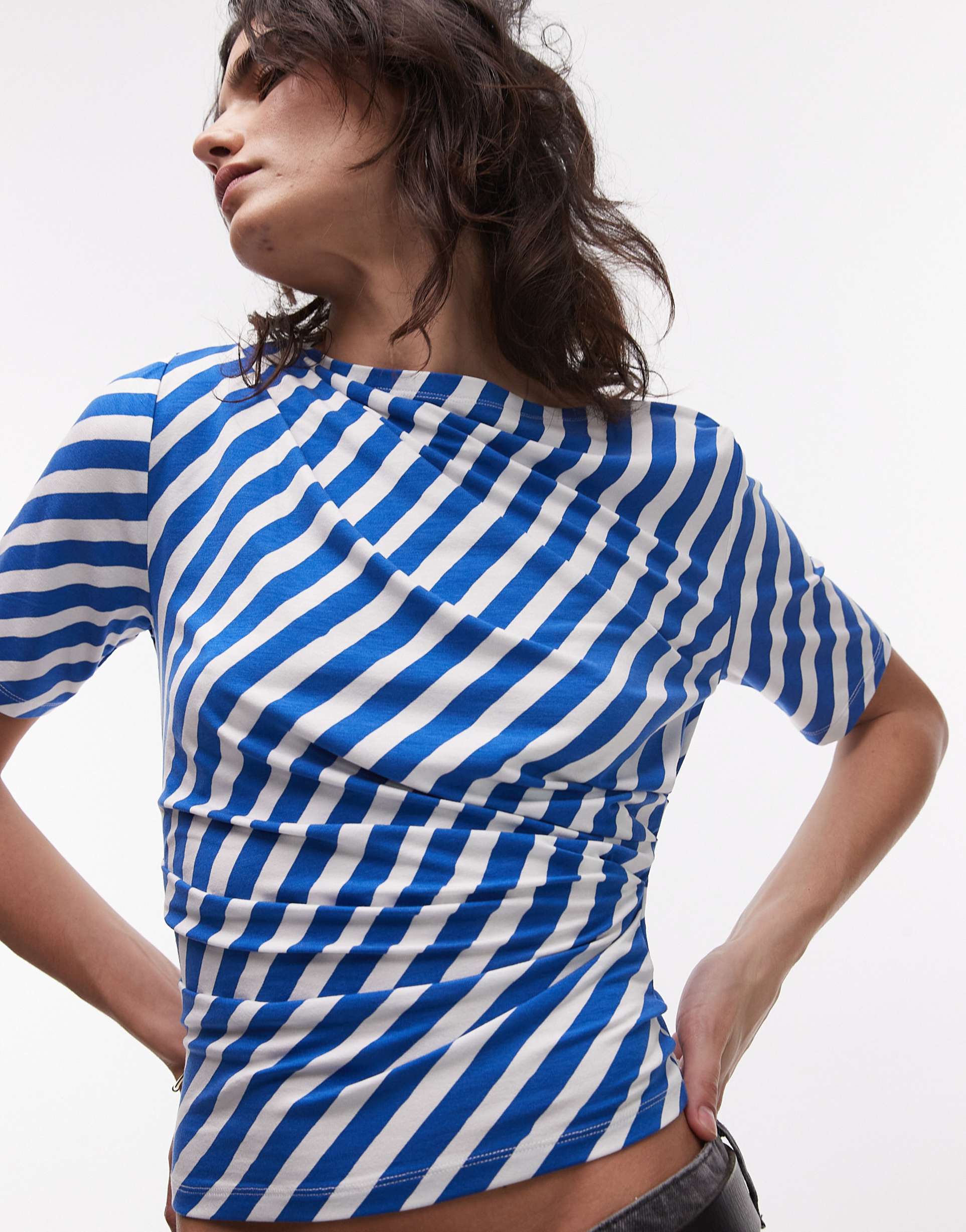 topshop slash neck short sleeve top in blue stripe