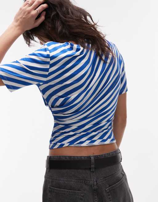Topshop slash neck short sleeve top in blue stripe, 4 of 4