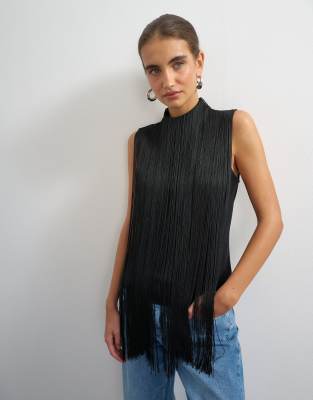 Topshop Slash Neck Sleeveless Fringe Top In Black