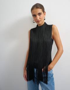 Slash neck sleeveless fringe top in black