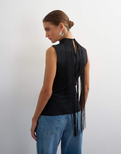 Topshop slash neck sleeveless fringe top in black, 3 of 4