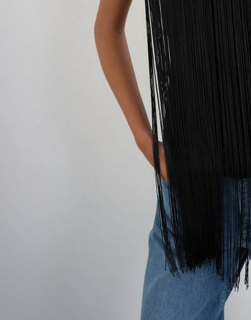 Topshop slash neck sleeveless fringe top in black, 4 of 4