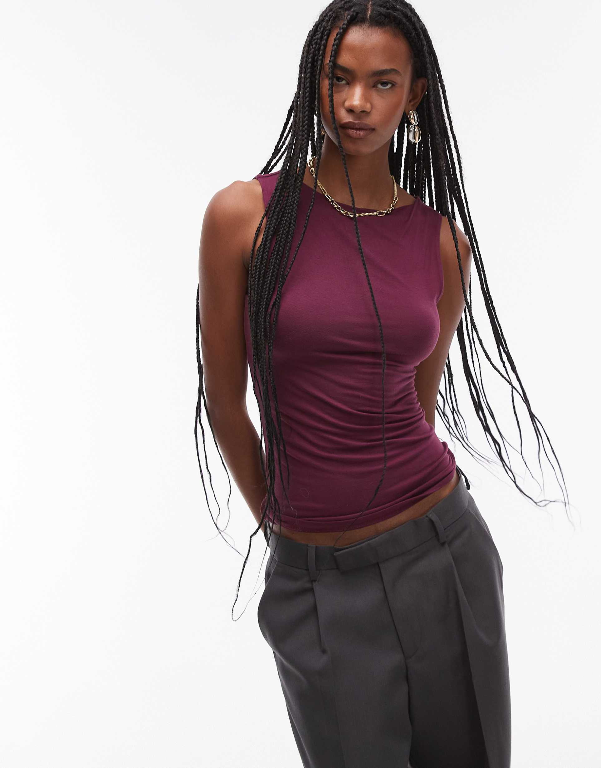 topshop slash neck tank in burgundy