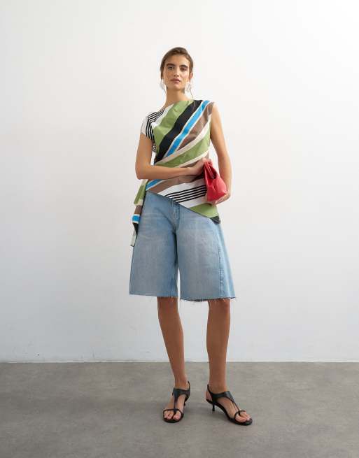Topshop slash neck twist side top in green striped print, 2 of 4