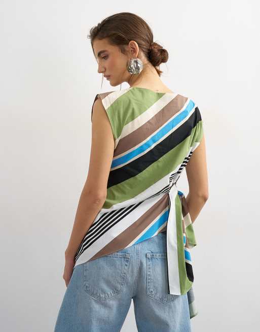 Topshop slash neck twist side top in green striped print, 4 of 4