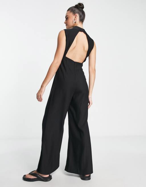 Topshop slash neck wide leg jumpsuit in black, 2 of 4