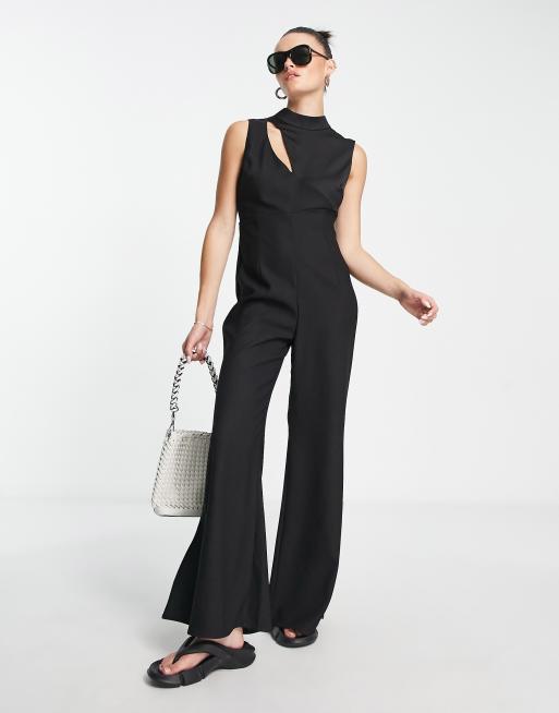 Topshop slash neck wide leg jumpsuit in black, 4 of 4