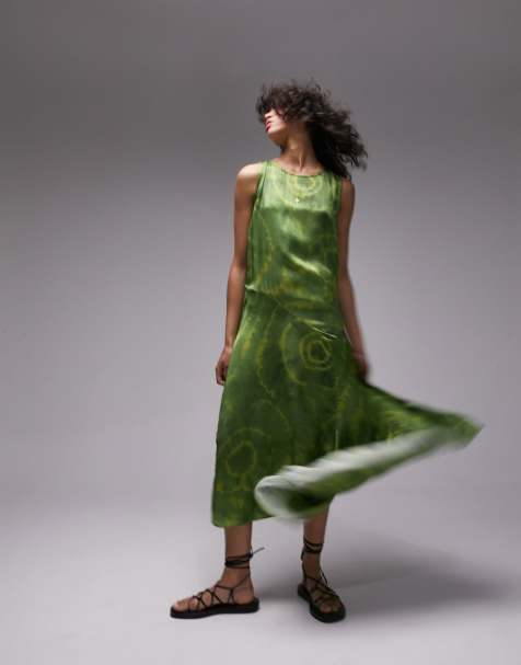 Topshop slash tie dye sleeveless midi dress in green - view 1