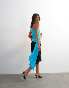 Model wearing Slash tie satin top in blue