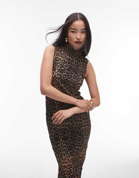 Topshop sleeveless crinkle plisse midi dress in leopard print - view 1