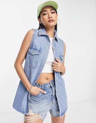 Topshop sleeveless denim shirt in bleach