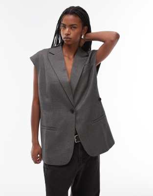 Shop Topshop sleeveless herringbone blazer in grey Online – Trendy & Affordable Fashion