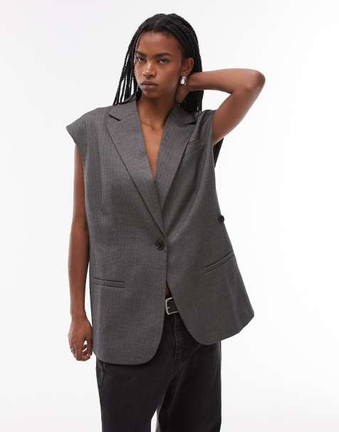 Topshop sleeveless herringbone blazer in grey - view 1