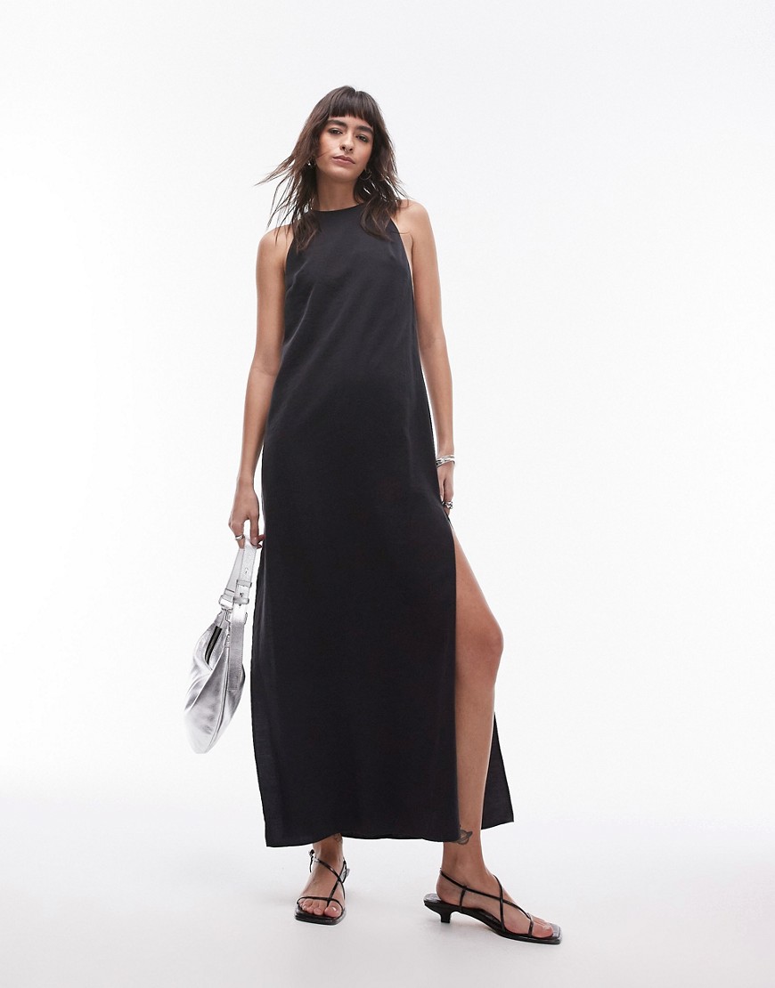 Topshop sleeveless high slit column maxi dress in black