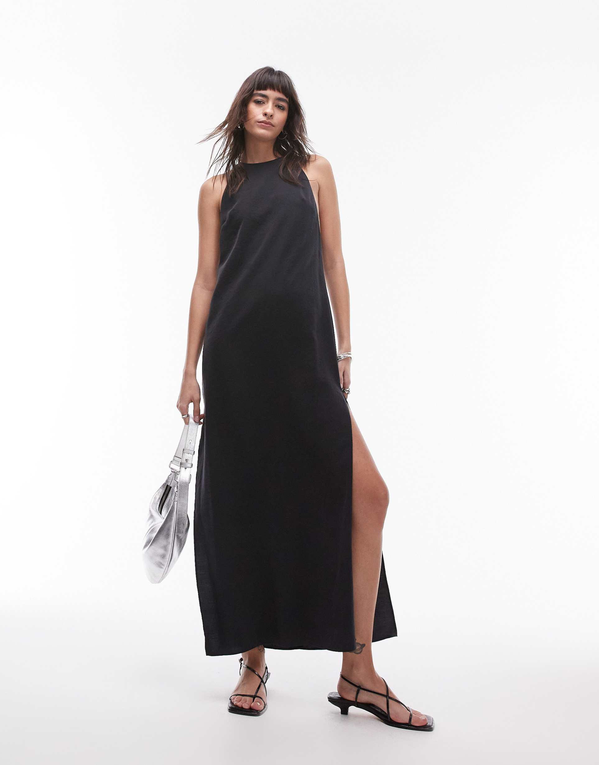 topshop sleeveless high slit column maxi dress in black