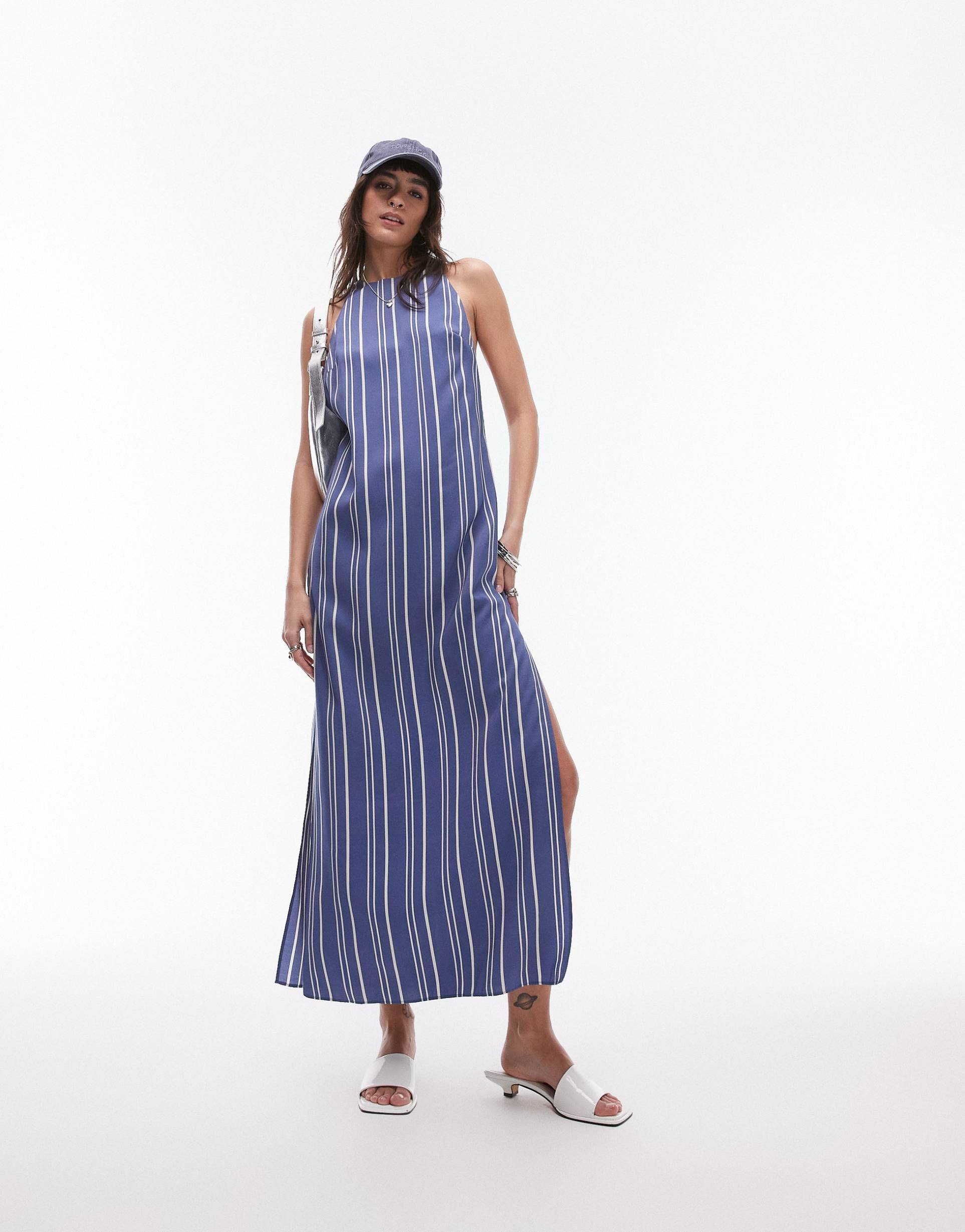 topshop sleeveless high slit column maxi dress in blue stripe print