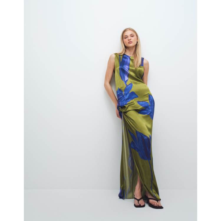 Topshop sleeveless knot side satin maxi dress in green and blue floral |  ASOS