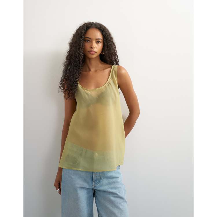 Topshop sleeveless organza scoop tank top in muted lime | ASOS