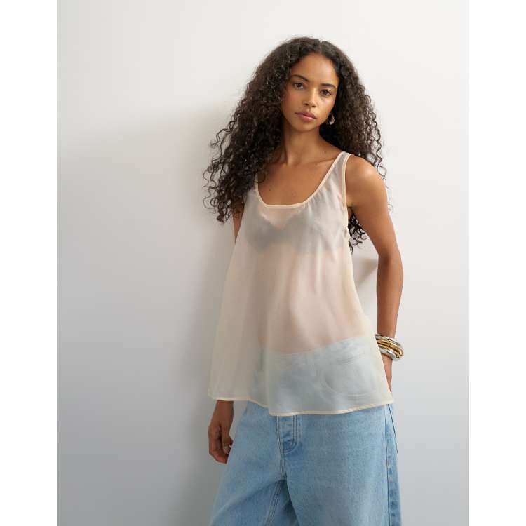 Topshop sleeveless organza scoop tank top in oyster | ASOS