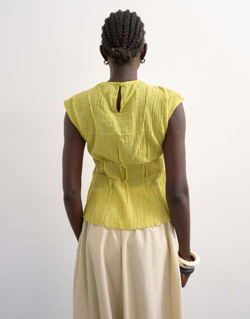 Topshop sleeveless pin tuck crinkle top in green, 3 of 4