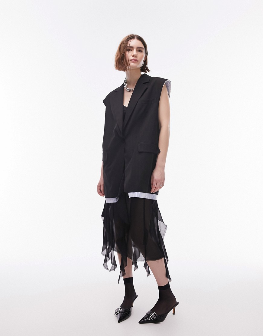 Topshop sleeveless raw contrast blazer waistcoat in black