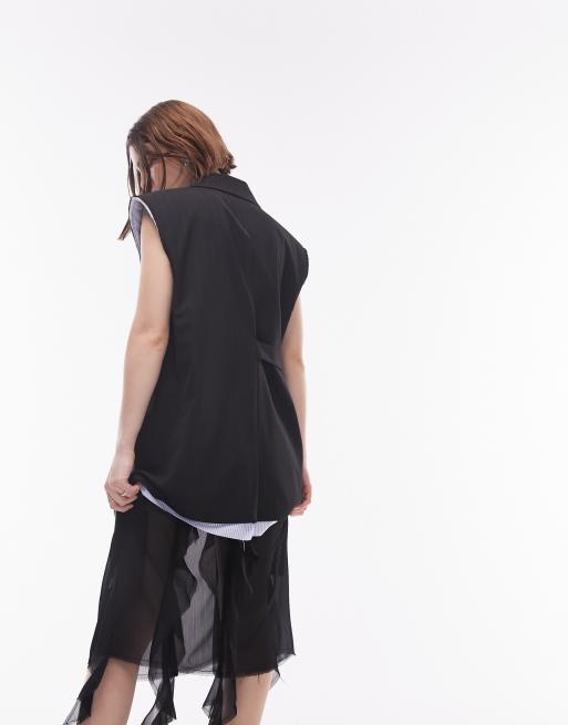 Topshop sleeveless raw contrast blazer waistcoat in black, 4 of 4