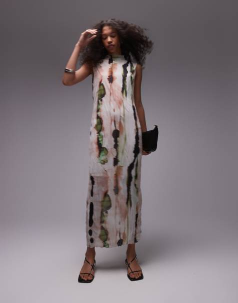 Topshop sleeveless relaxed crinkle midi dress in abstract art print - view 1