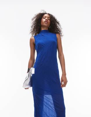 sleeveless relaxed crinkle midi dress in cobalt-Blue